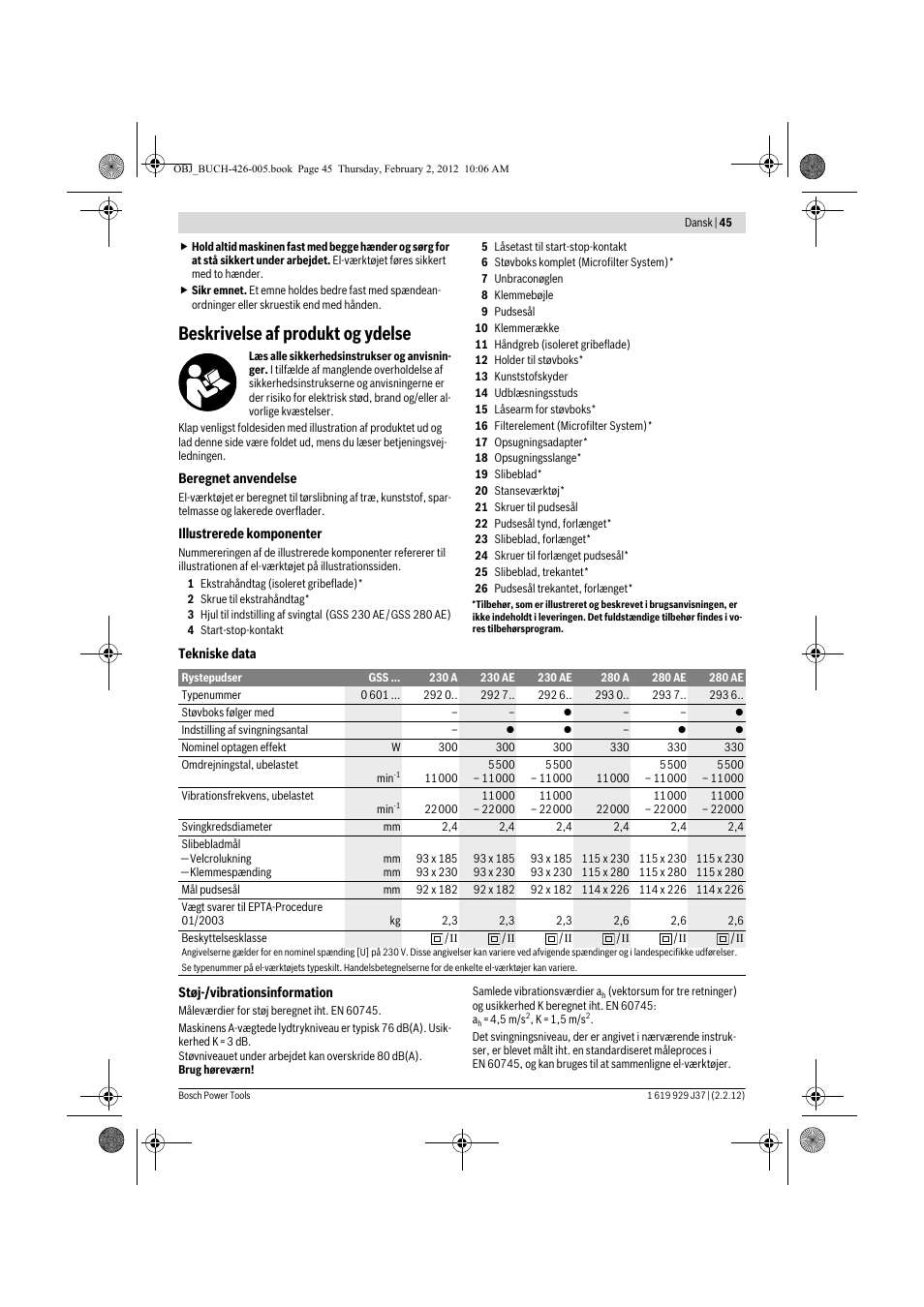 Beskrivelse af produkt og ydelse | Bosch GSS Professional 230 A User Manual | Page 45 / 158