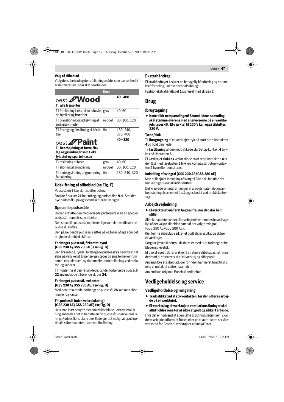 Brug, Vedligeholdelse og service | Bosch GSS Professional 230 A User Manual | Page 47 / 158