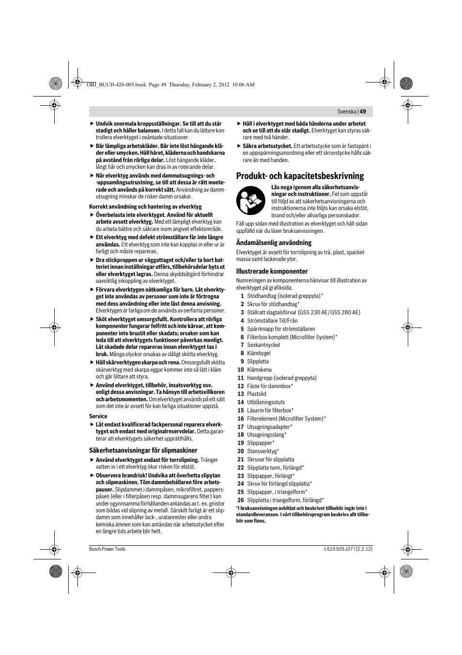 Produkt- och kapacitetsbeskrivning | Bosch GSS Professional 230 A User Manual | Page 49 / 158