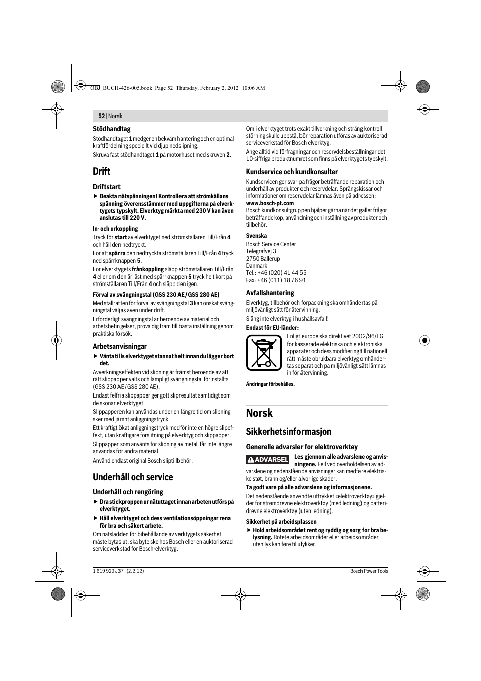 Norsk, Drift, Underhåll och service | Sikkerhetsinformasjon | Bosch GSS Professional 230 A User Manual | Page 52 / 158