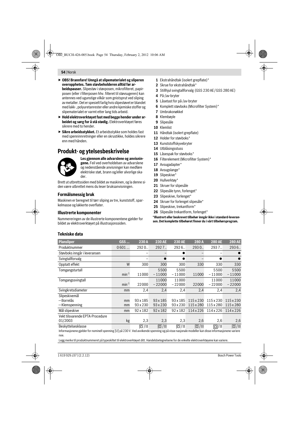 Produkt- og ytelsesbeskrivelse | Bosch GSS Professional 230 A User Manual | Page 54 / 158