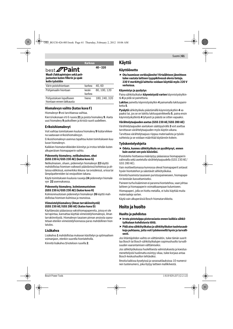 Käyttö, Hoito ja huolto | Bosch GSS Professional 230 A User Manual | Page 61 / 158