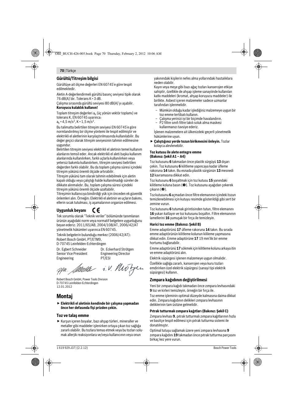 Montaj | Bosch GSS Professional 230 A User Manual | Page 70 / 158