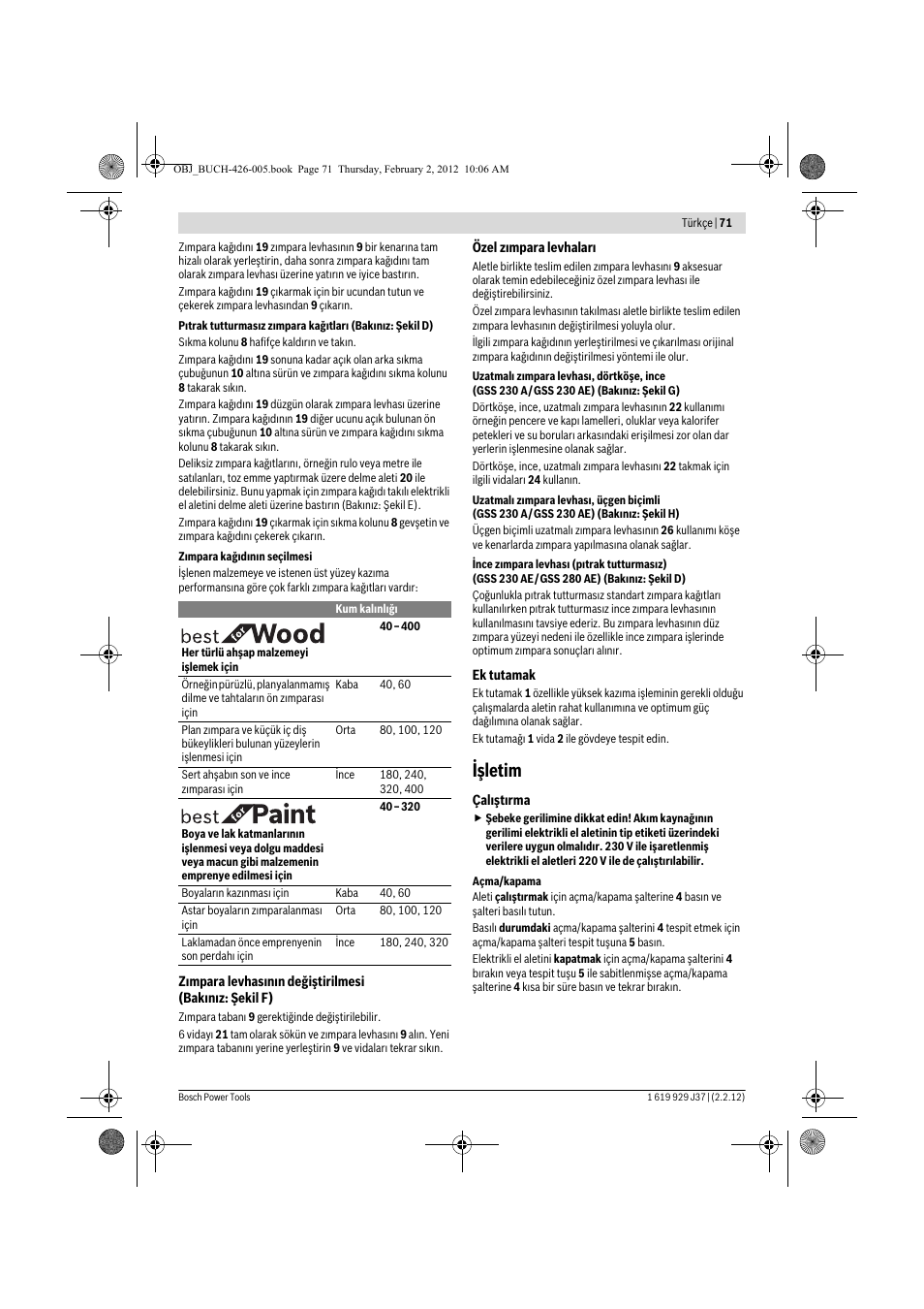 Işletim | Bosch GSS Professional 230 A User Manual | Page 71 / 158