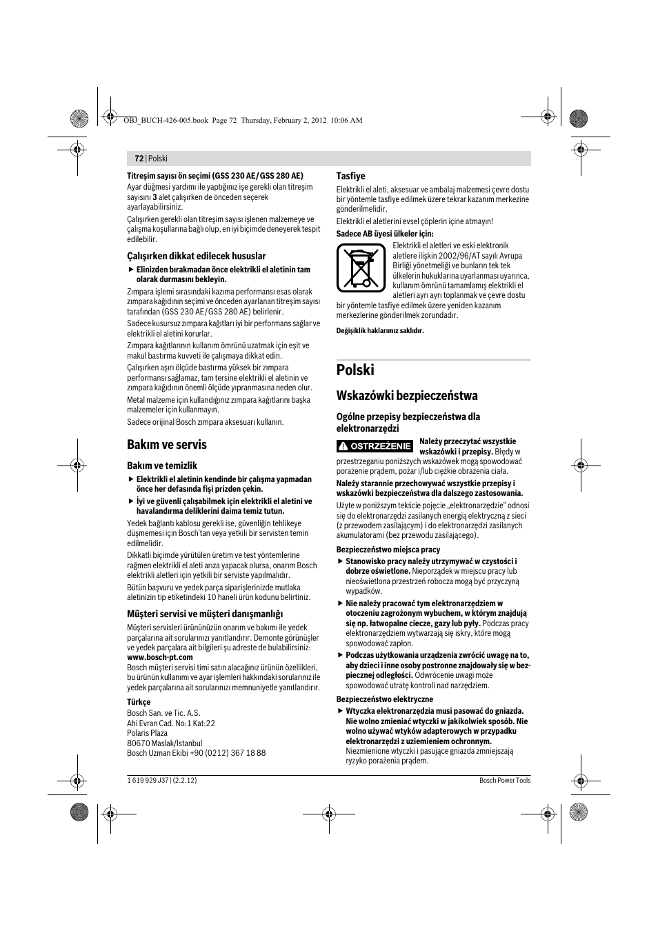 Polski, Bak m ve servis, Wskazówki bezpieczeństwa | Bosch GSS Professional 230 A User Manual | Page 72 / 158