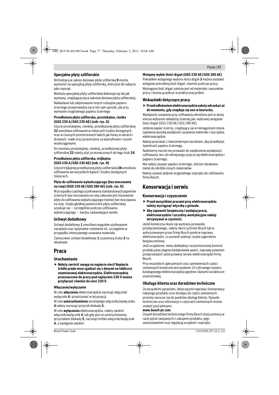 Praca, Konserwacja i serwis | Bosch GSS Professional 230 A User Manual | Page 77 / 158