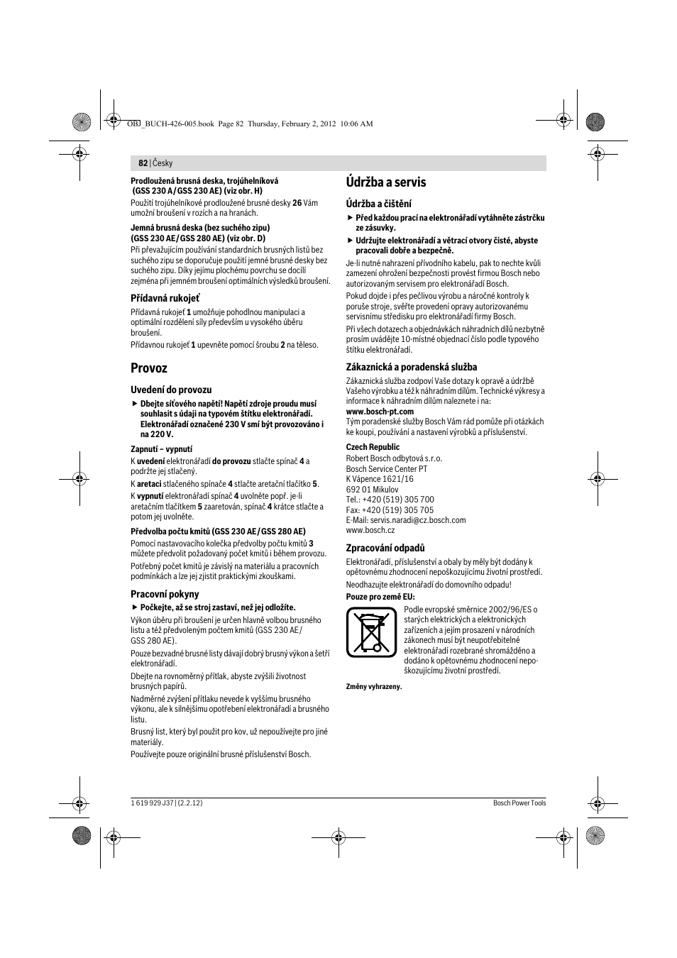 Provoz, Údržba a servis | Bosch GSS Professional 230 A User Manual | Page 82 / 158