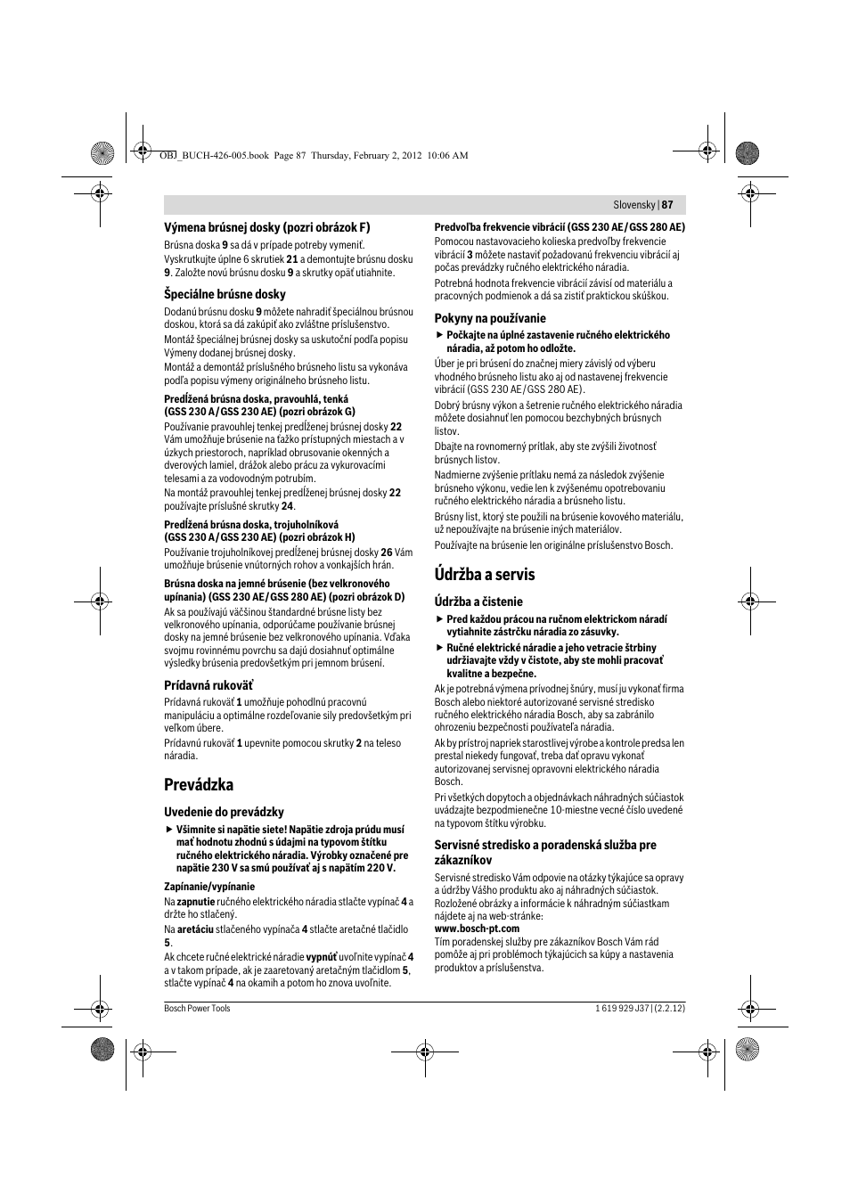 Prevádzka, Údržba a servis | Bosch GSS Professional 230 A User Manual | Page 87 / 158