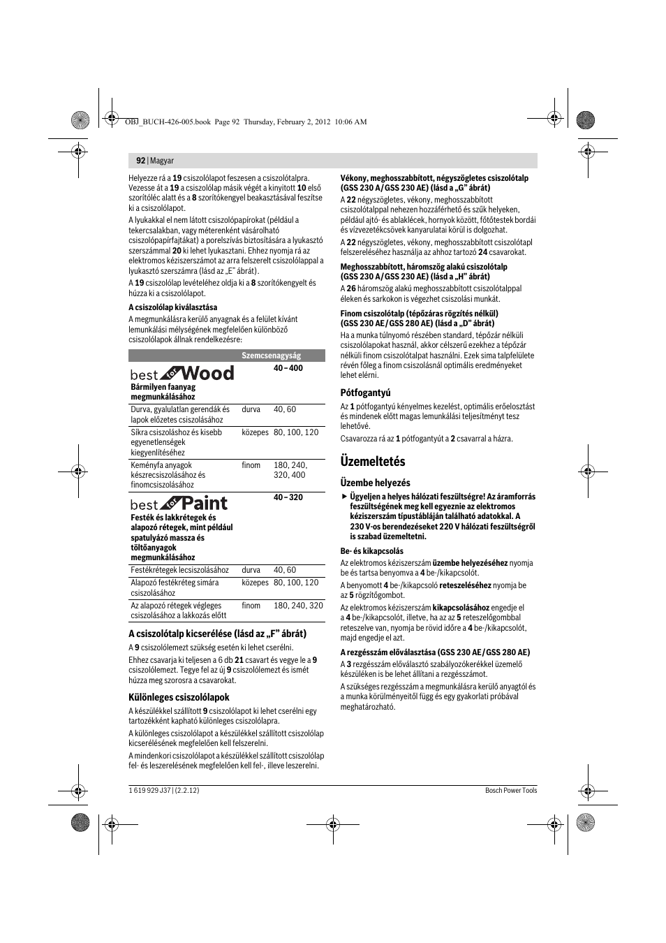 Üzemeltetés | Bosch GSS Professional 230 A User Manual | Page 92 / 158