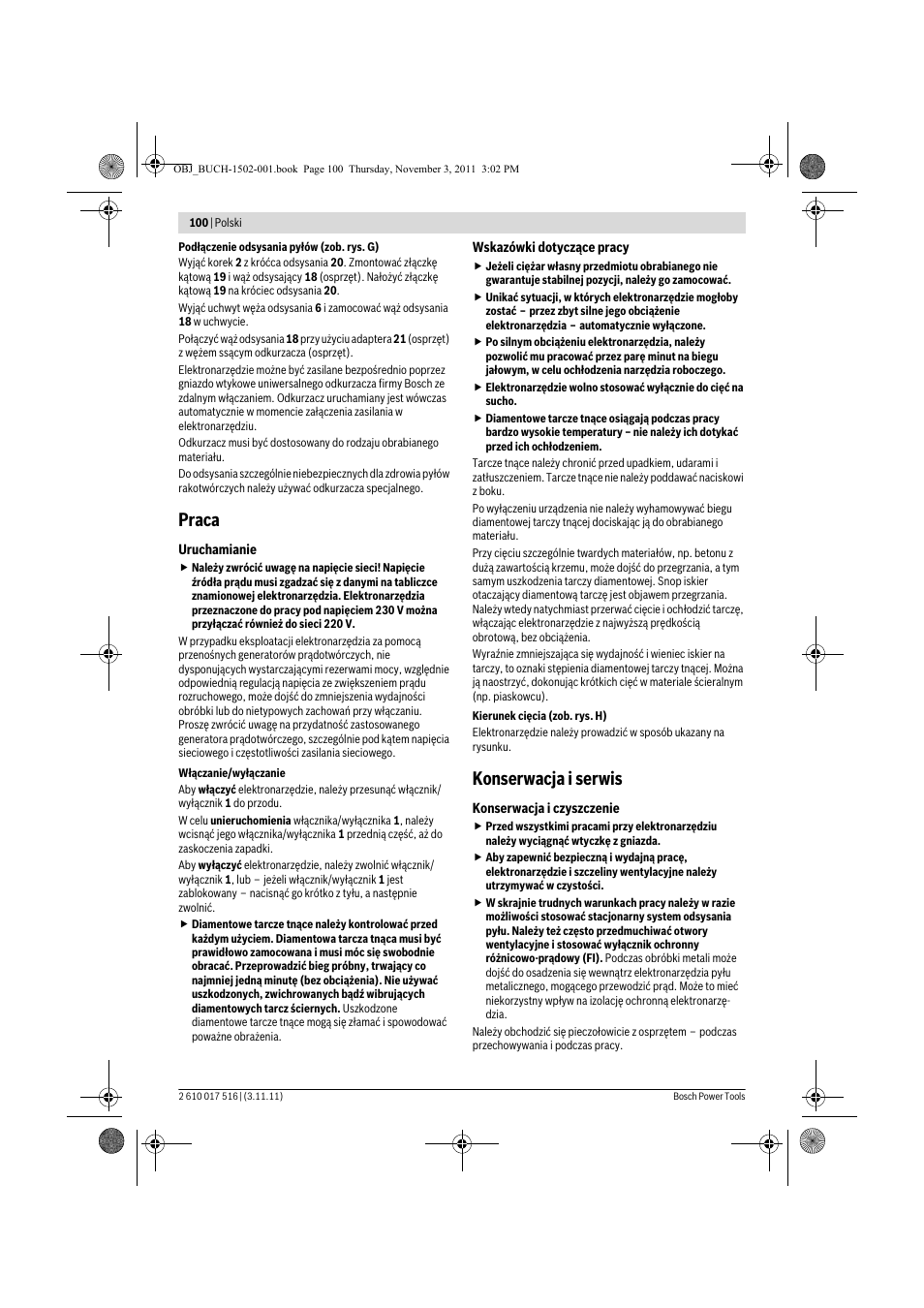 Praca, Konserwacja i serwis | Bosch GCT 115 Professional User Manual | Page 100 / 205