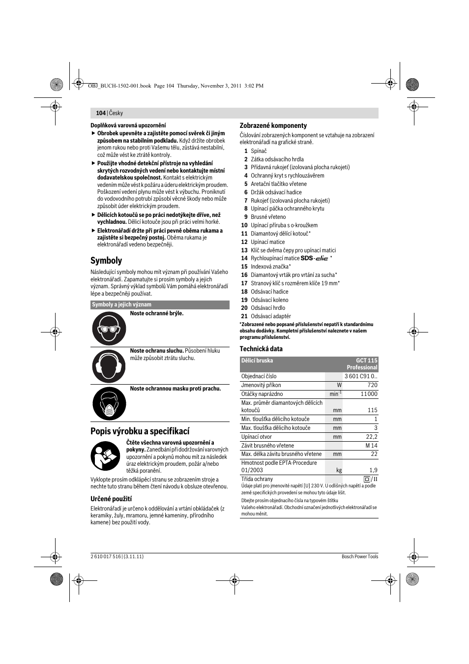 Symboly, Popis výrobku a specifikací | Bosch GCT 115 Professional User Manual | Page 104 / 205