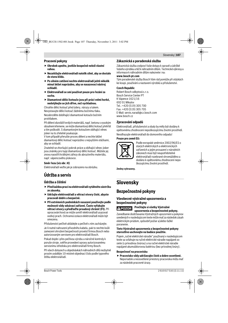 Slovensky, Údržba a servis, Bezpečnostné pokyny | Bosch GCT 115 Professional User Manual | Page 107 / 205