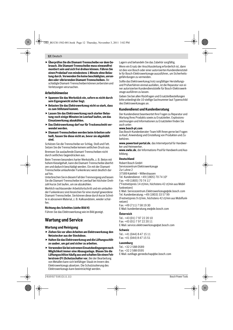 Wartung und service | Bosch GCT 115 Professional User Manual | Page 12 / 205