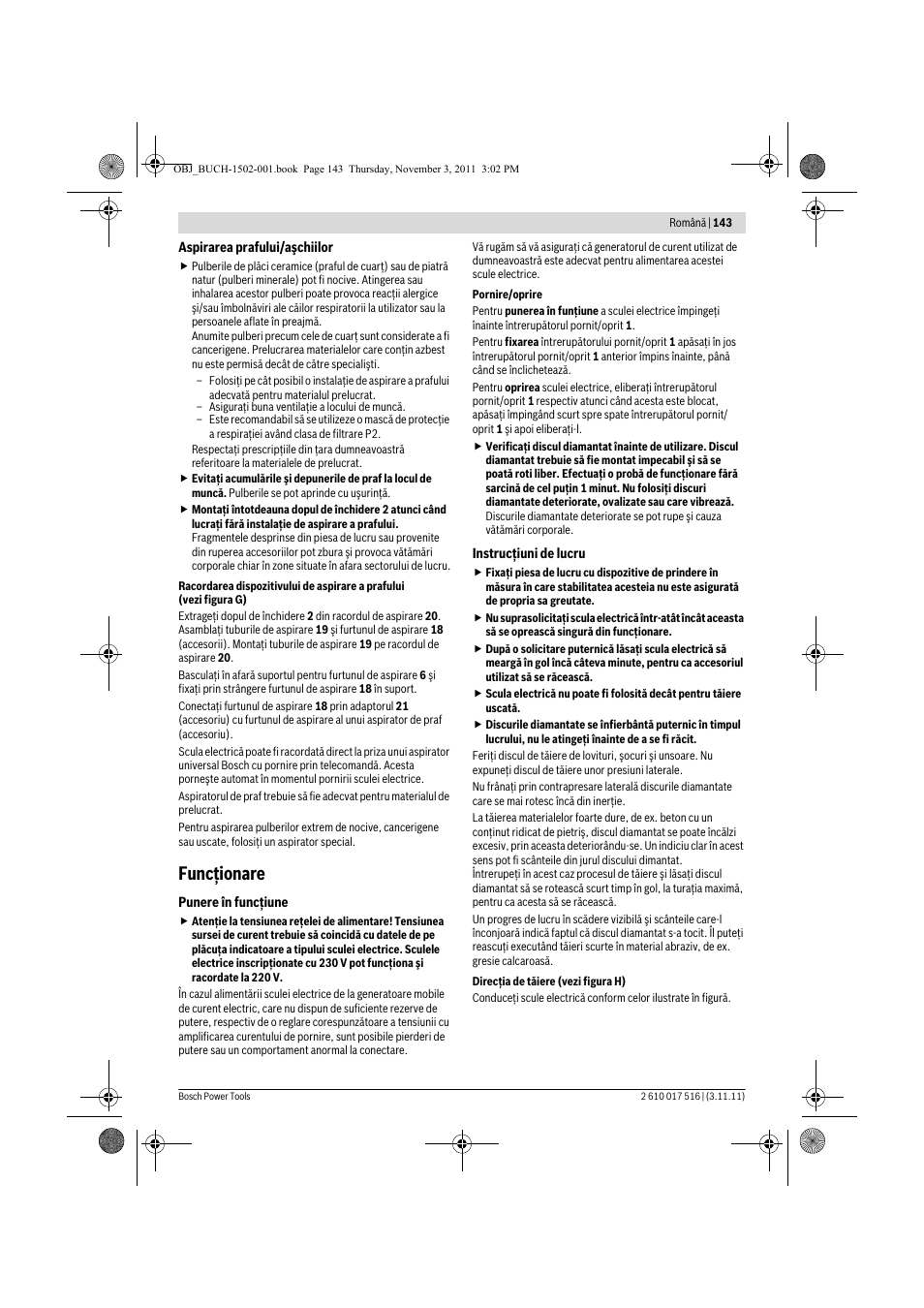 Funcţionare | Bosch GCT 115 Professional User Manual | Page 143 / 205