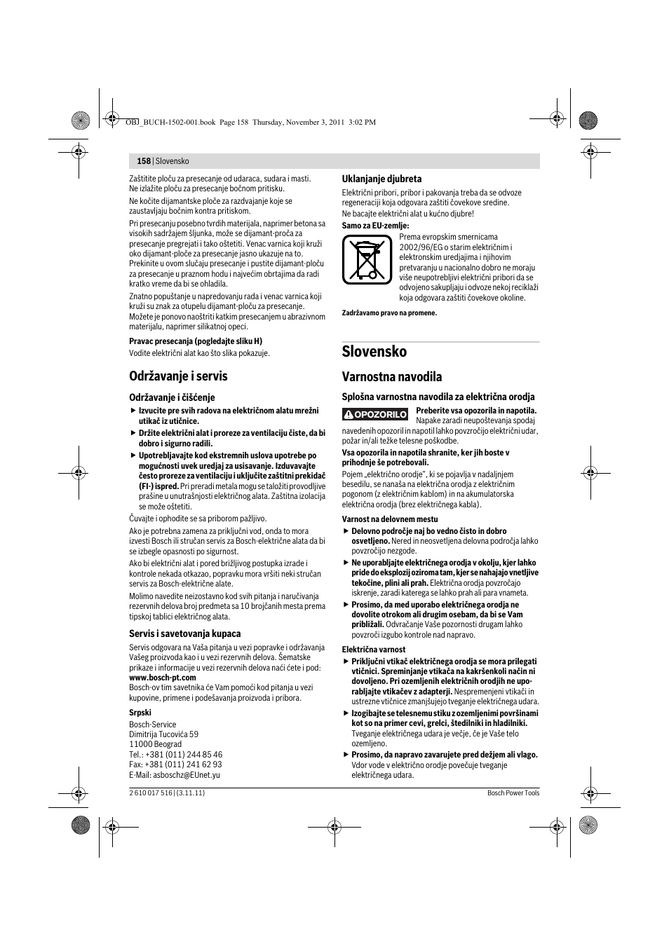 Slovensko, Održavanje i servis, Varnostna navodila | Bosch GCT 115 Professional User Manual | Page 158 / 205