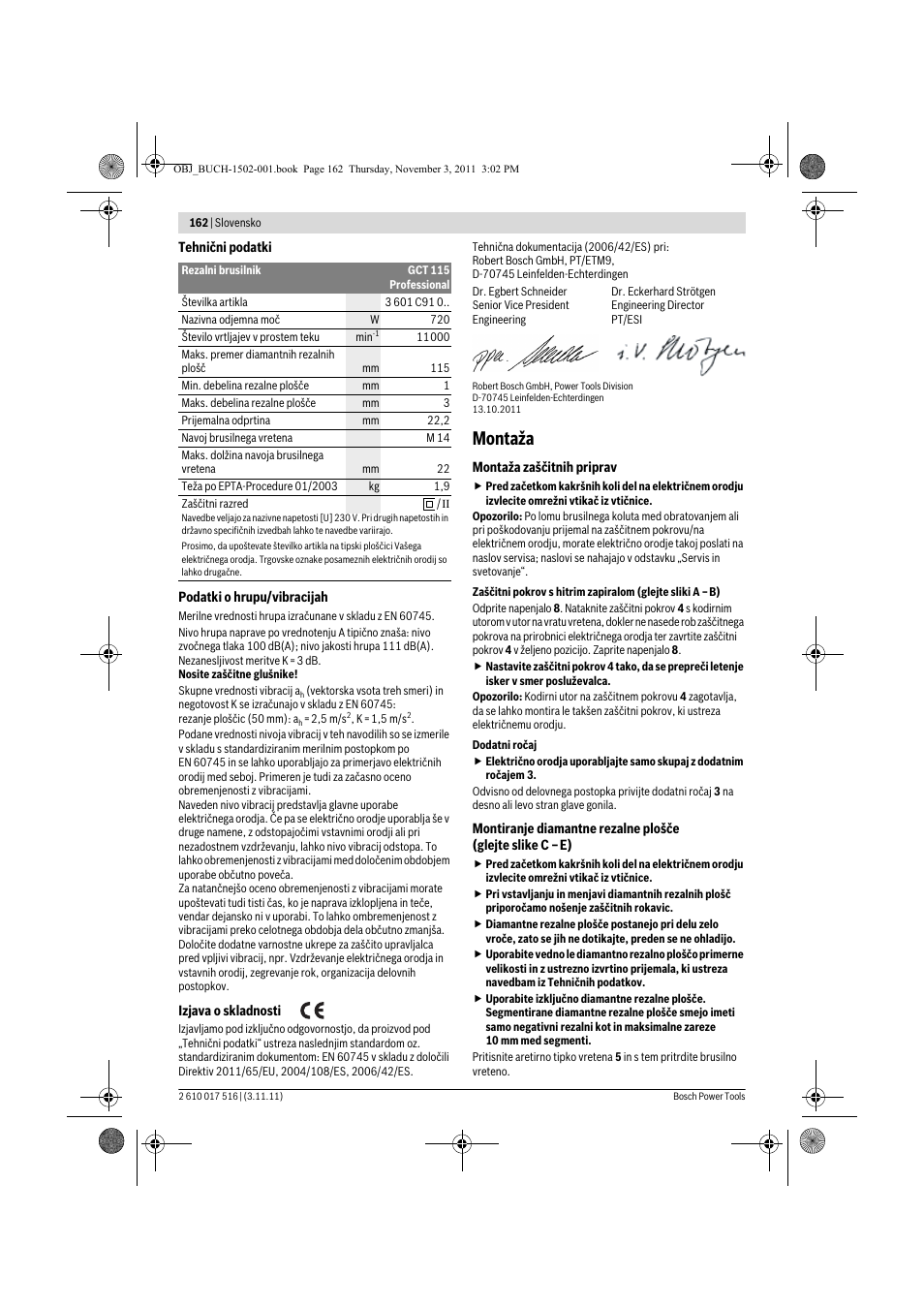 Montaža | Bosch GCT 115 Professional User Manual | Page 162 / 205