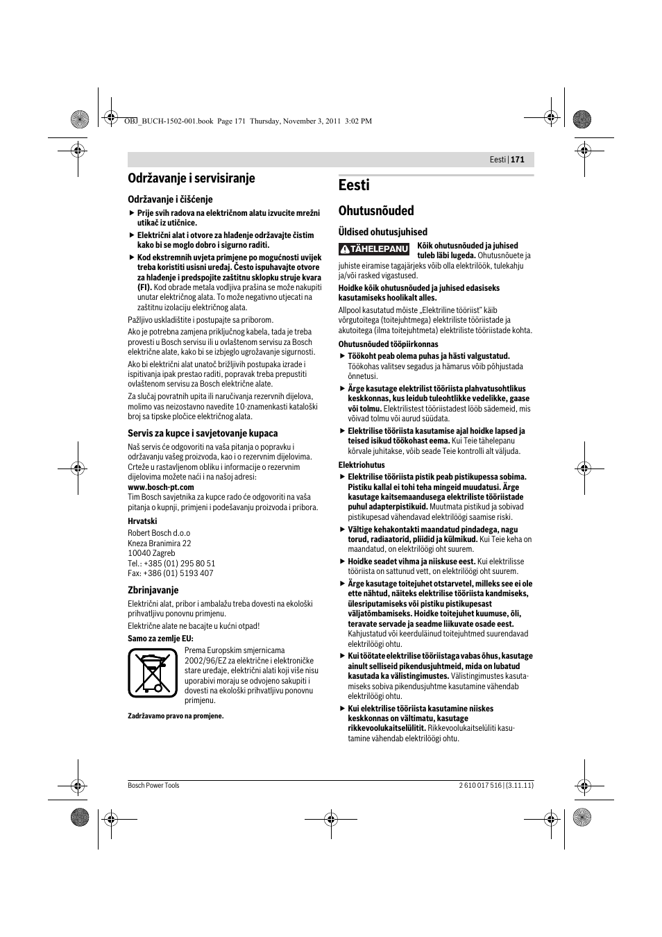 Eesti, Održavanje i servisiranje, Ohutusnõuded | Bosch GCT 115 Professional User Manual | Page 171 / 205