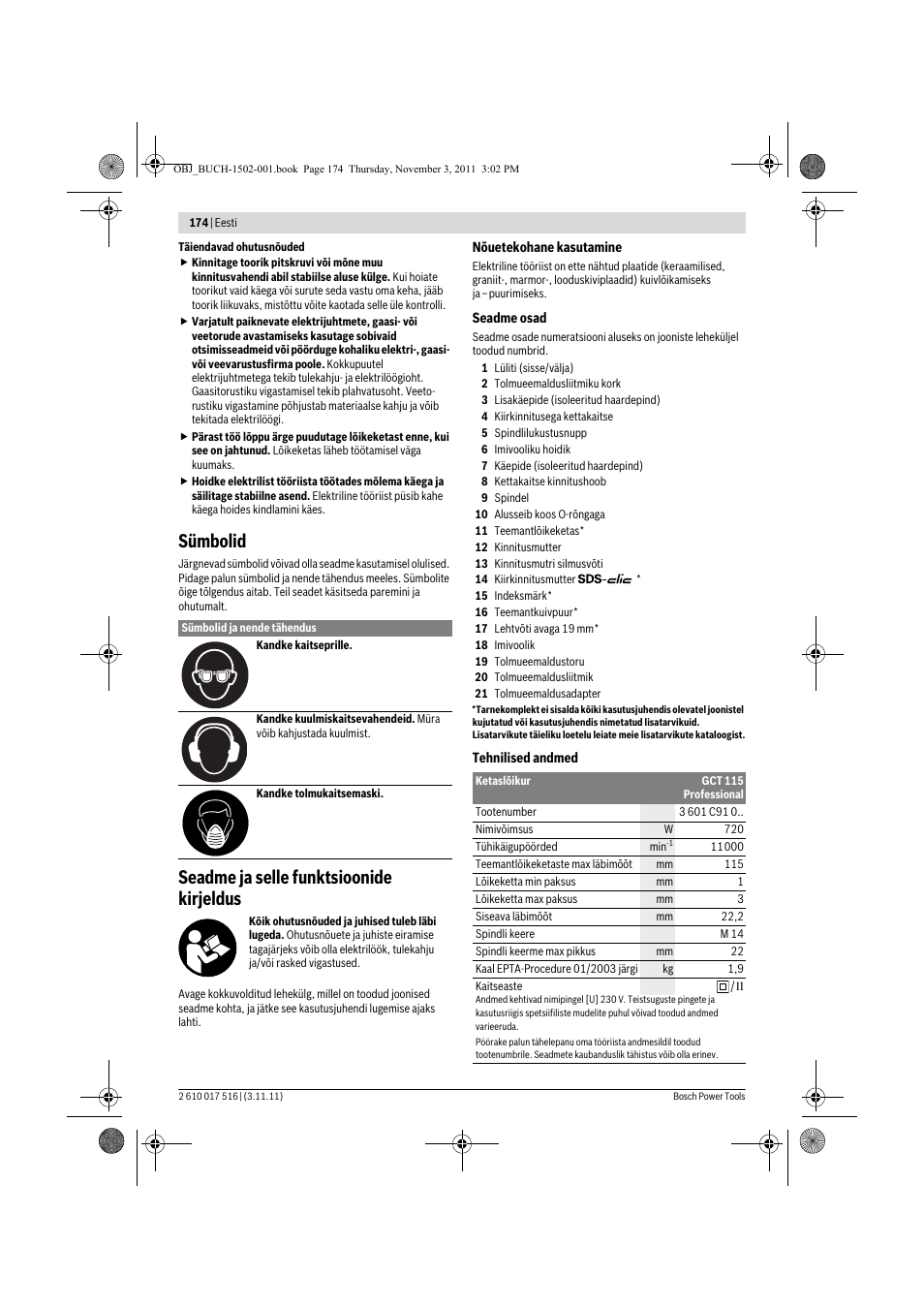 Sümbolid, Seadme ja selle funktsioonide kirjeldus | Bosch GCT 115 Professional User Manual | Page 174 / 205