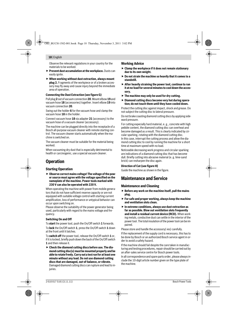 Operation, Maintenance and service | Bosch GCT 115 Professional User Manual | Page 18 / 205