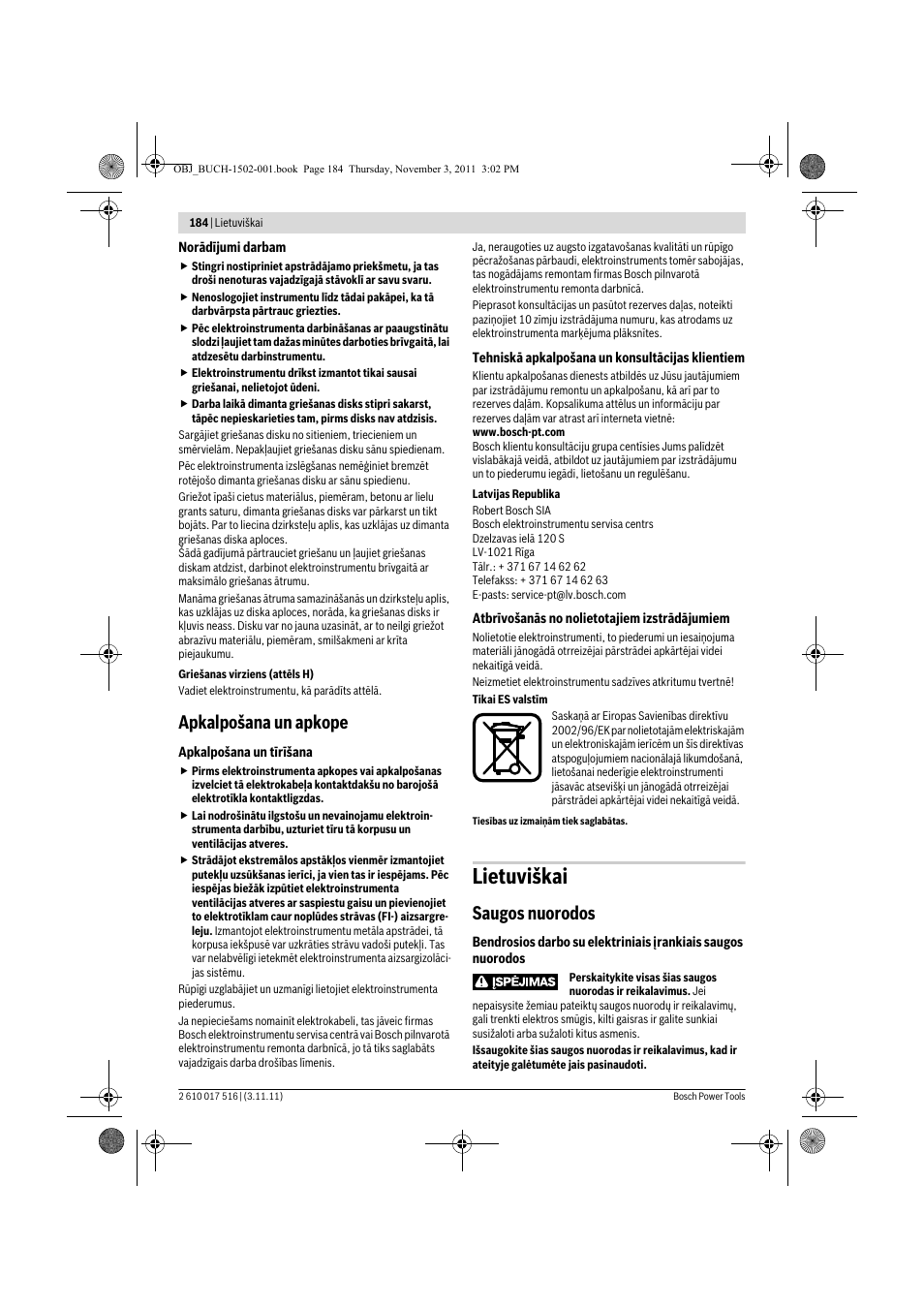 Lietuviškai, Apkalpošana un apkope, Saugos nuorodos | Bosch GCT 115 Professional User Manual | Page 184 / 205