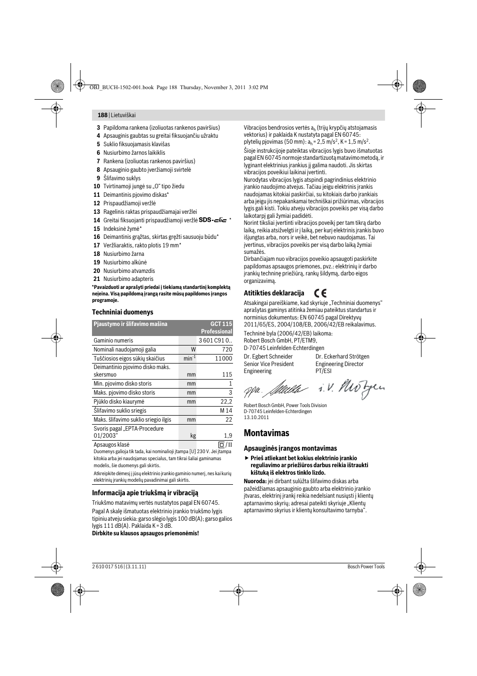 Montavimas | Bosch GCT 115 Professional User Manual | Page 188 / 205