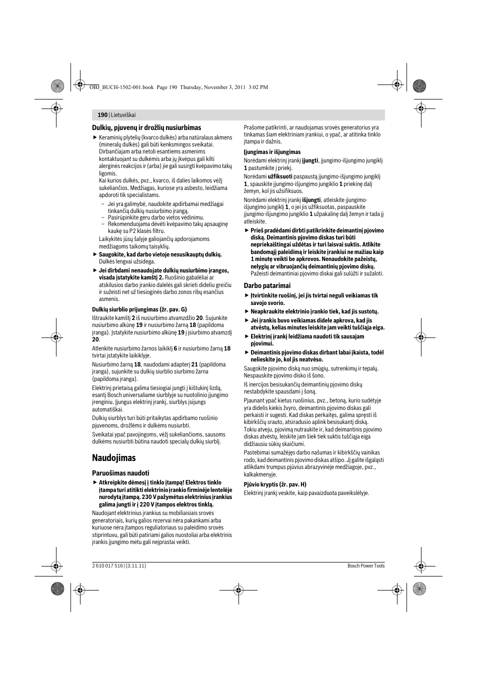 Naudojimas | Bosch GCT 115 Professional User Manual | Page 190 / 205