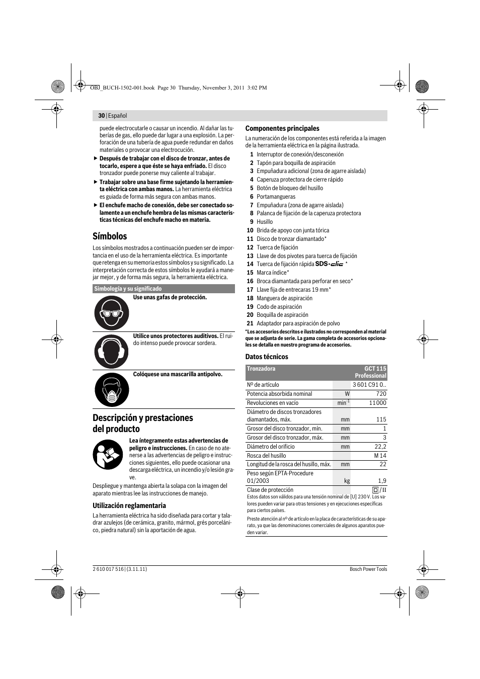 Símbolos, Descripción y prestaciones del producto | Bosch GCT 115 Professional User Manual | Page 30 / 205