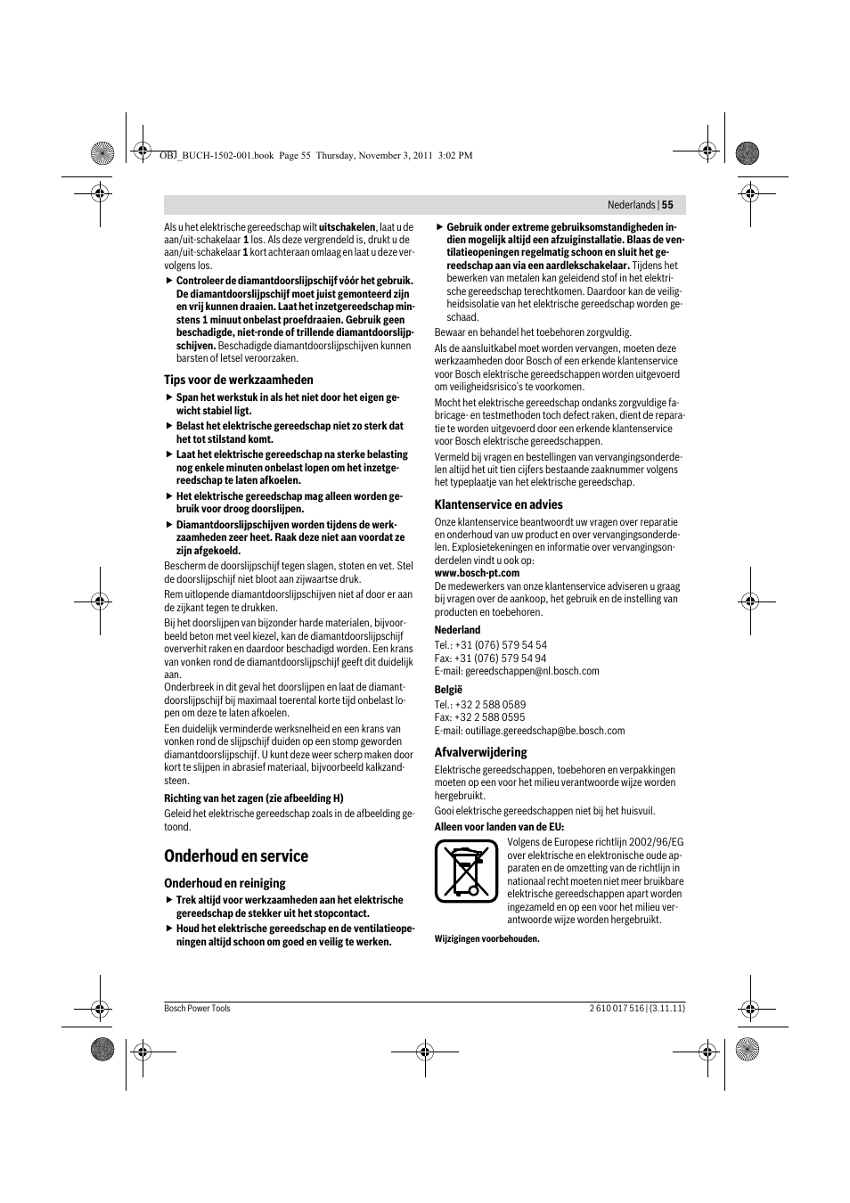 Onderhoud en service | Bosch GCT 115 Professional User Manual | Page 55 / 205