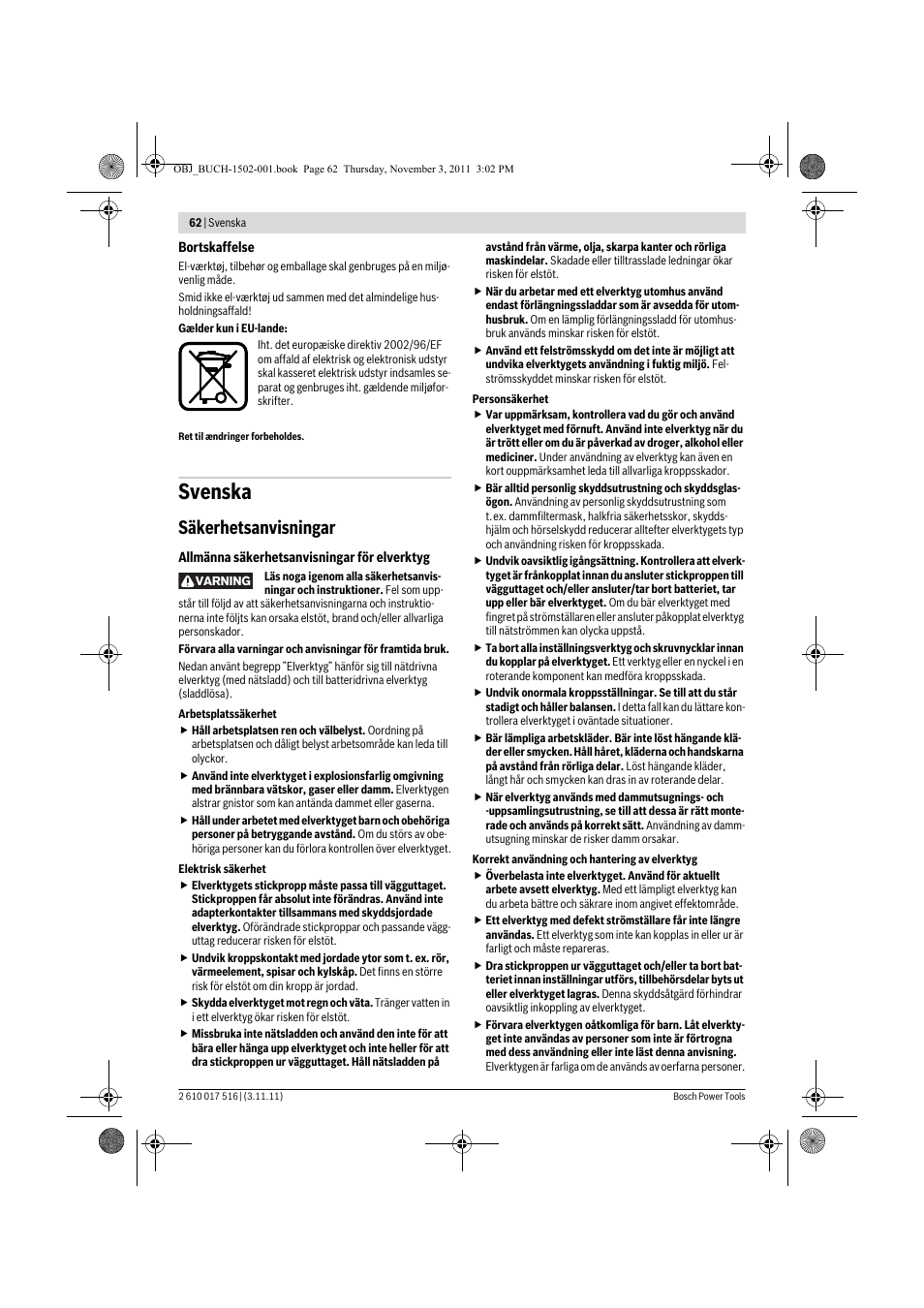 Svenska, Säkerhetsanvisningar | Bosch GCT 115 Professional User Manual | Page 62 / 205