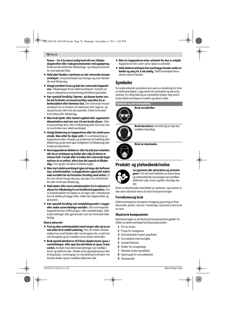 Symboler, Produkt- og ytelsesbeskrivelse | Bosch GCT 115 Professional User Manual | Page 70 / 205