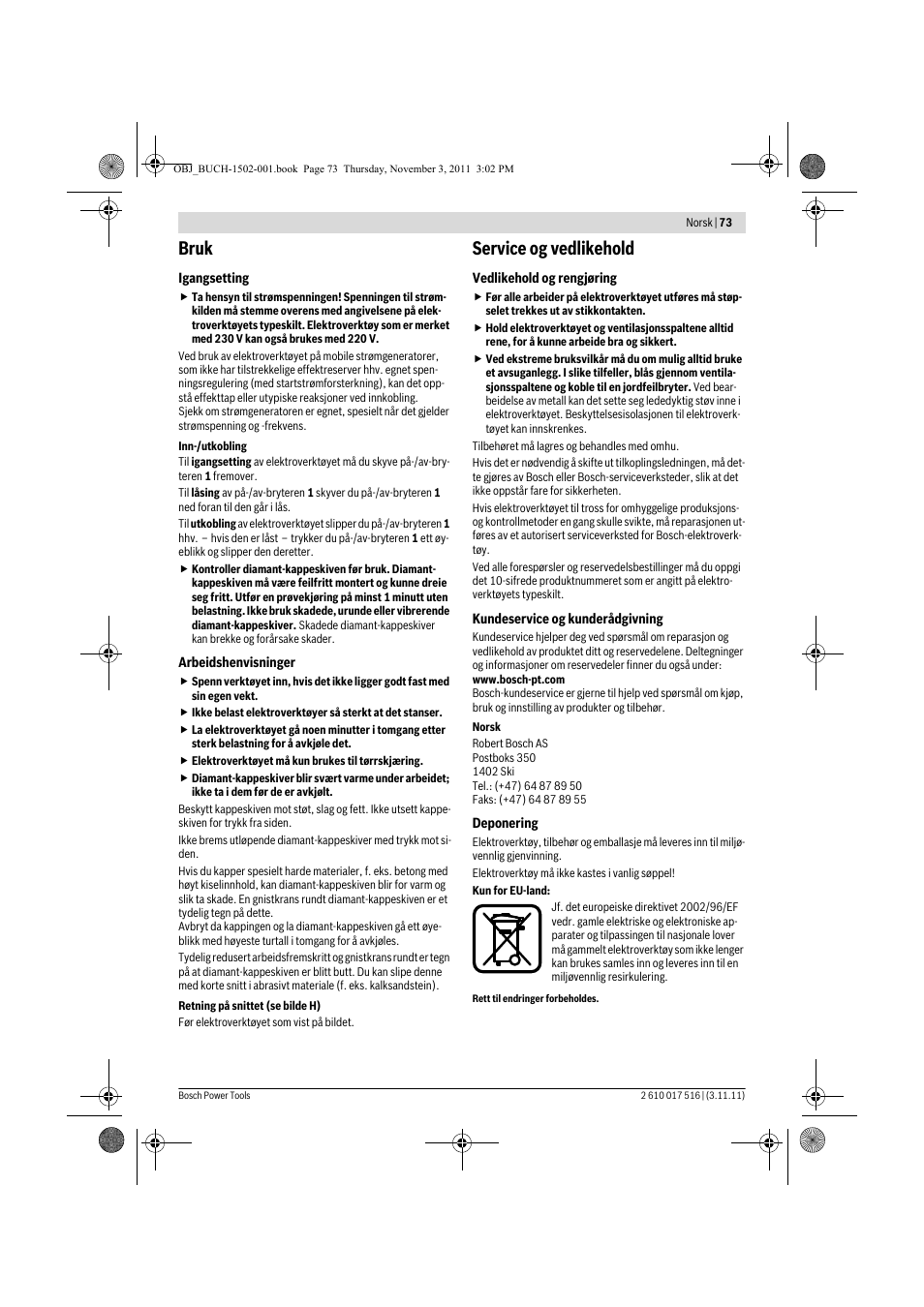 Bruk, Service og vedlikehold | Bosch GCT 115 Professional User Manual | Page 73 / 205