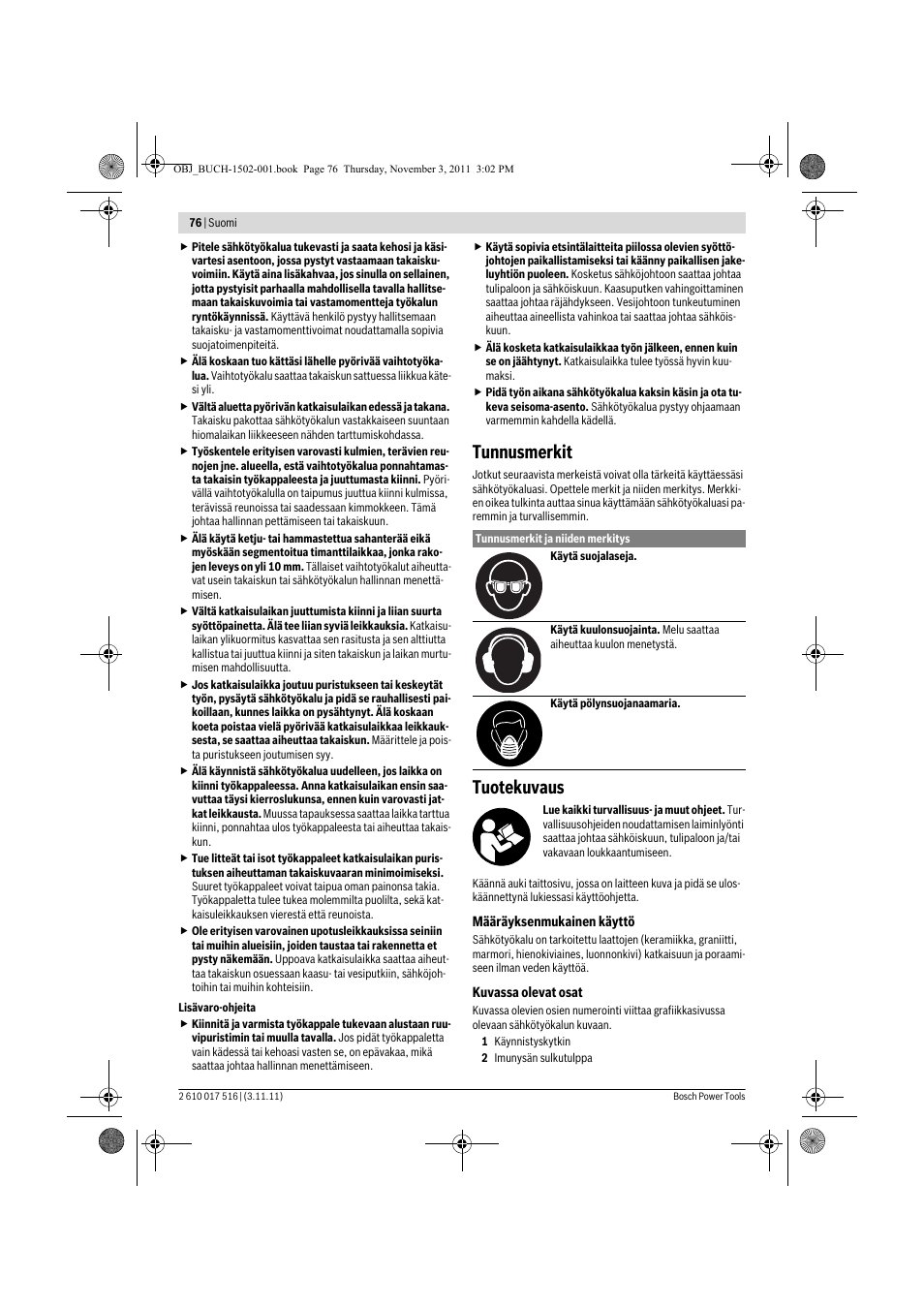 Tunnusmerkit, Tuotekuvaus | Bosch GCT 115 Professional User Manual | Page 76 / 205