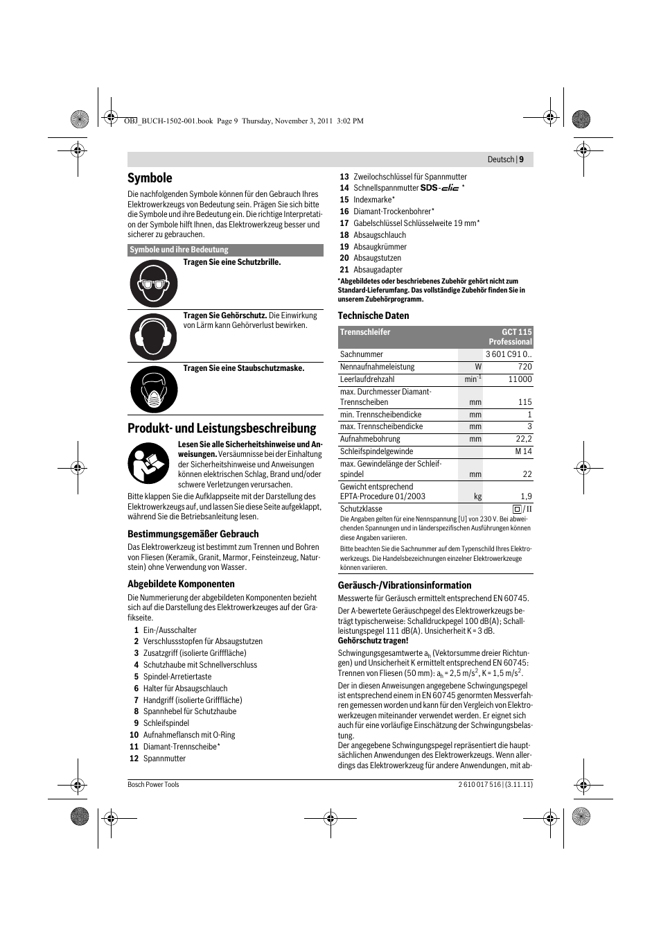 Symbole, Produkt- und leistungsbeschreibung | Bosch GCT 115 Professional User Manual | Page 9 / 205