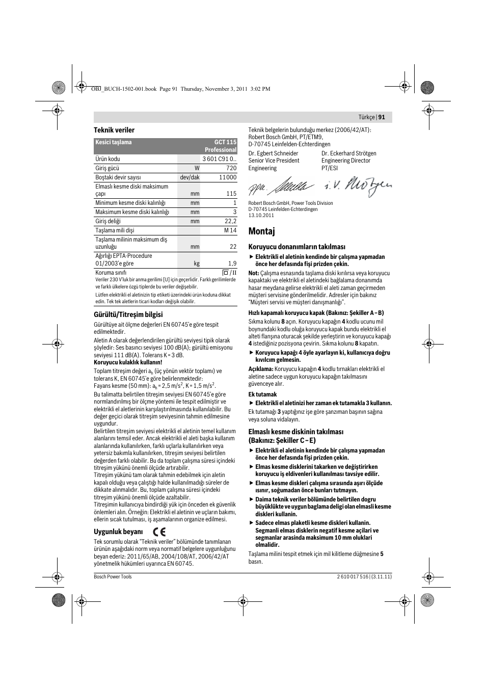 Montaj | Bosch GCT 115 Professional User Manual | Page 91 / 205