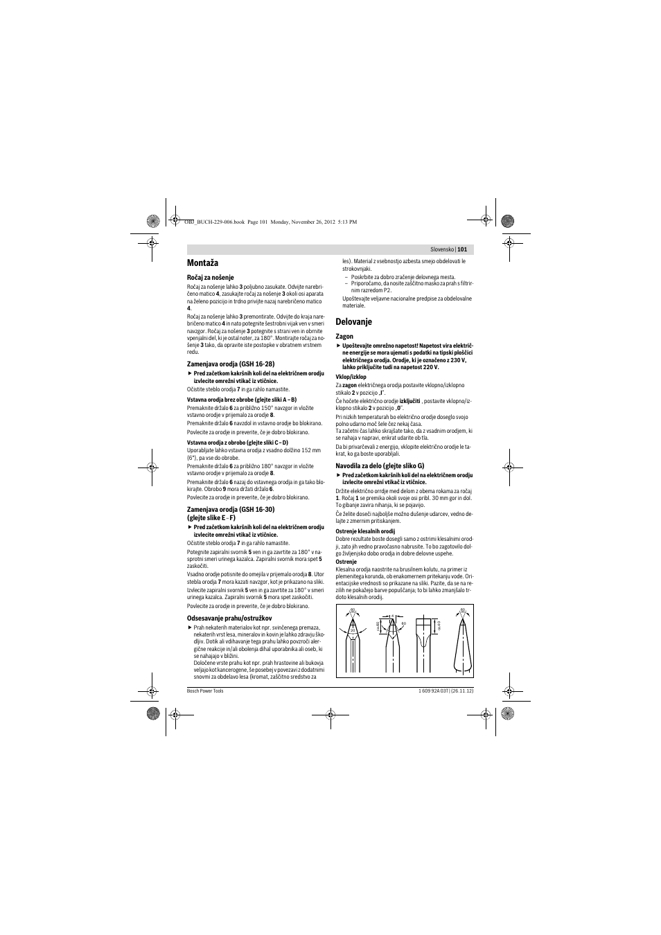 Montaža, Delovanje | Bosch GSH Professional 16-28 User Manual | Page 101 / 130