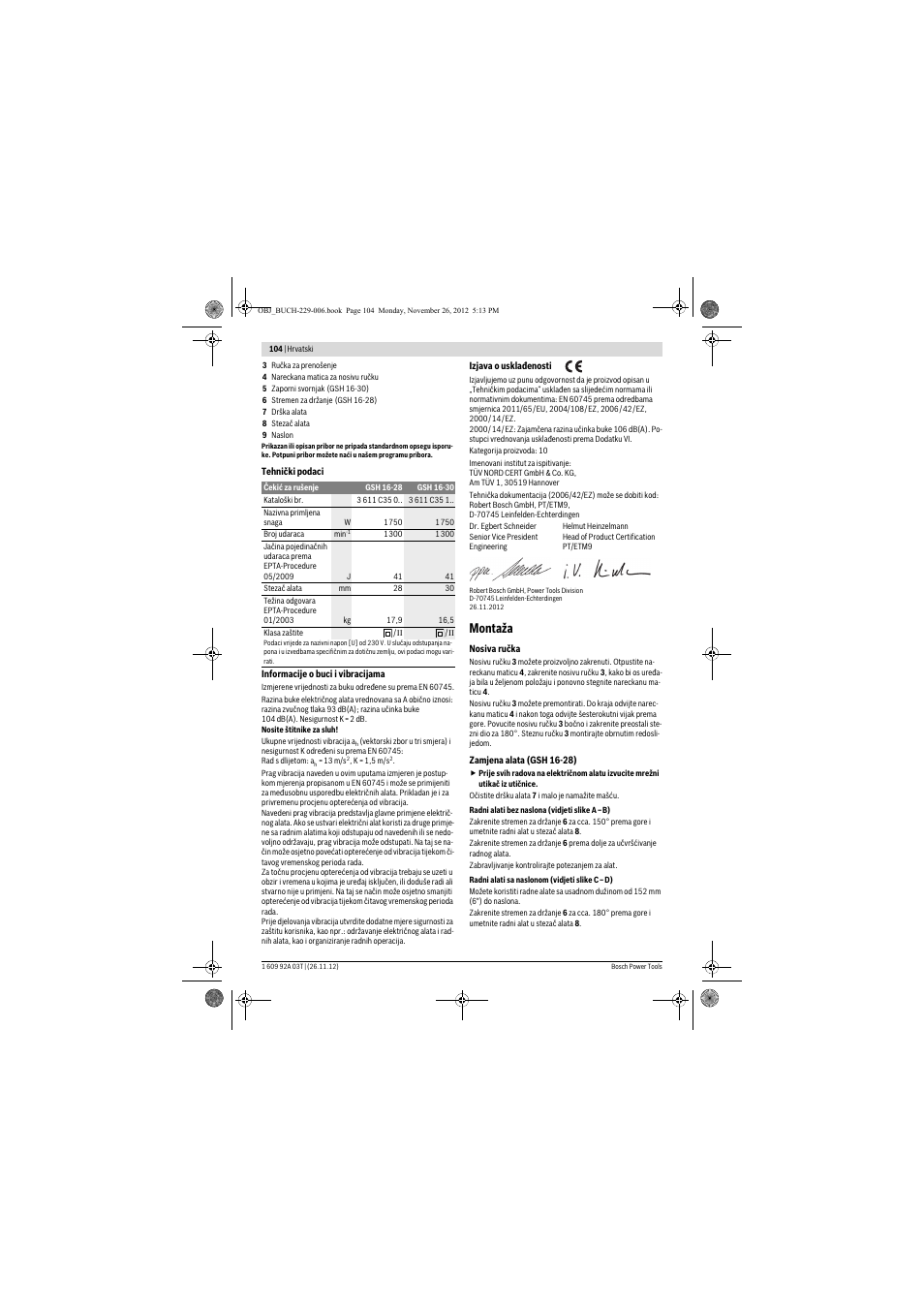 Montaža | Bosch GSH Professional 16-28 User Manual | Page 104 / 130