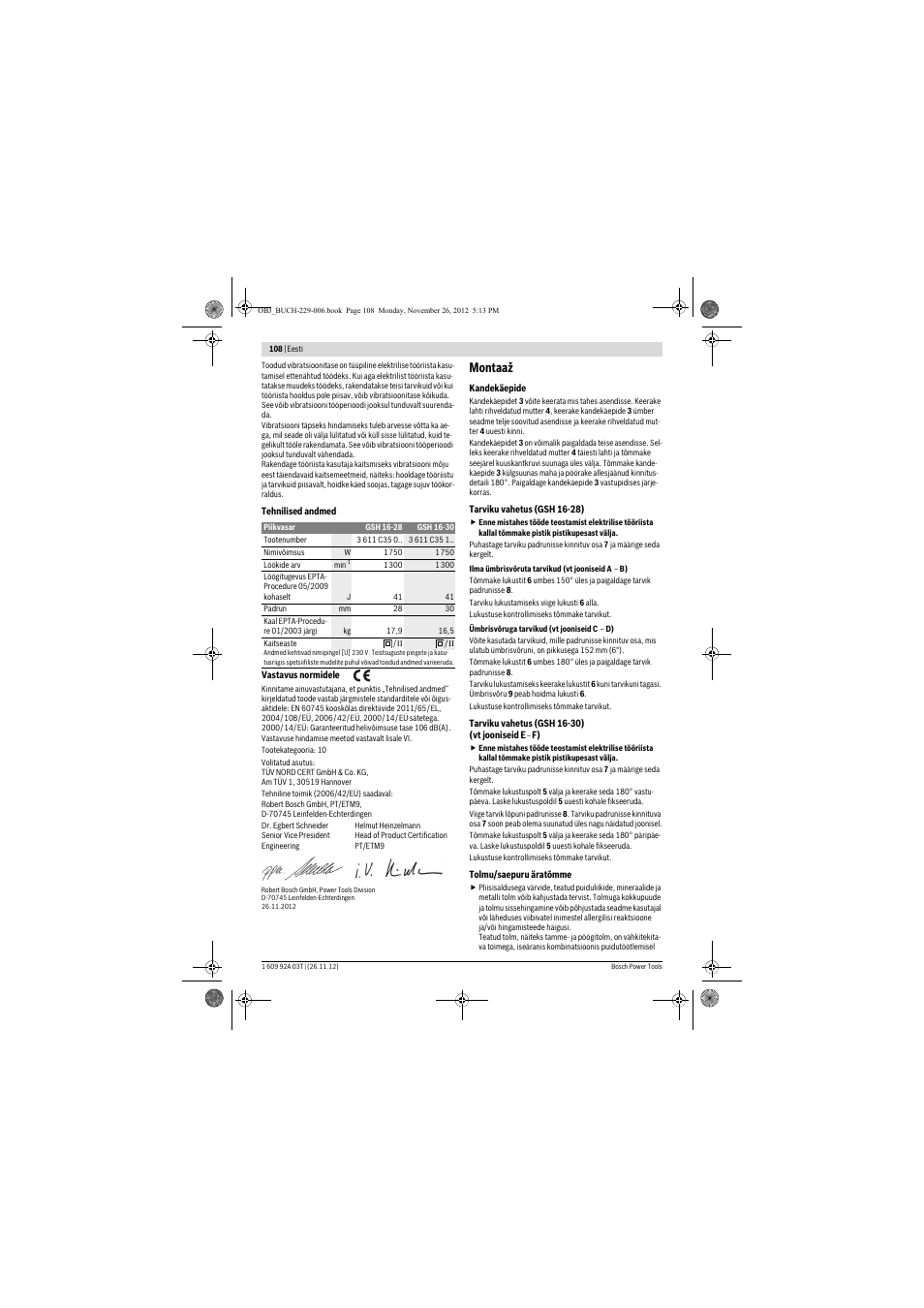 Montaaž | Bosch GSH Professional 16-28 User Manual | Page 108 / 130