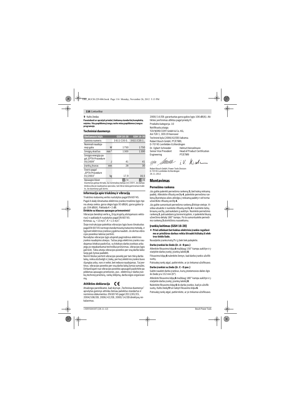 Montavimas | Bosch GSH Professional 16-28 User Manual | Page 116 / 130