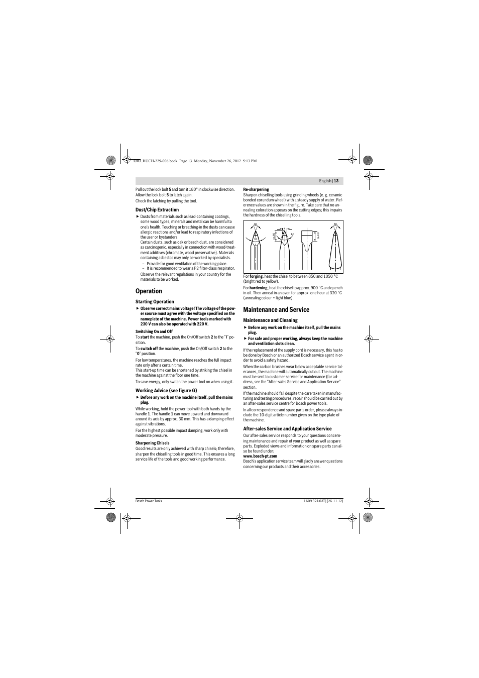 Operation, Maintenance and service | Bosch GSH Professional 16-28 User Manual | Page 13 / 130