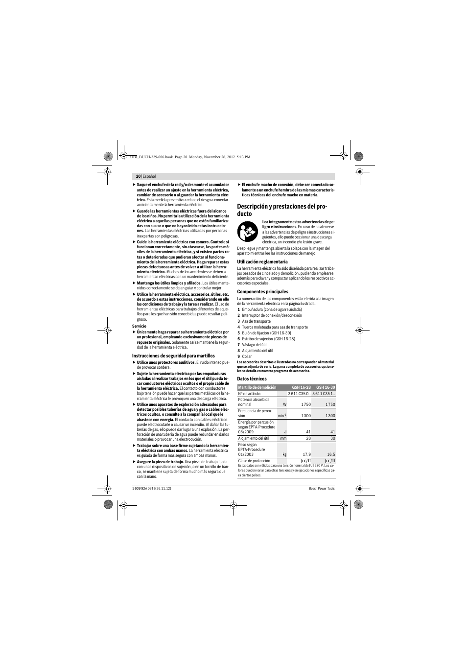 Descripción y prestaciones del pro- ducto | Bosch GSH Professional 16-28 User Manual | Page 20 / 130