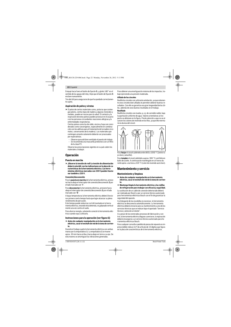 Operación, Mantenimiento y servicio | Bosch GSH Professional 16-28 User Manual | Page 22 / 130