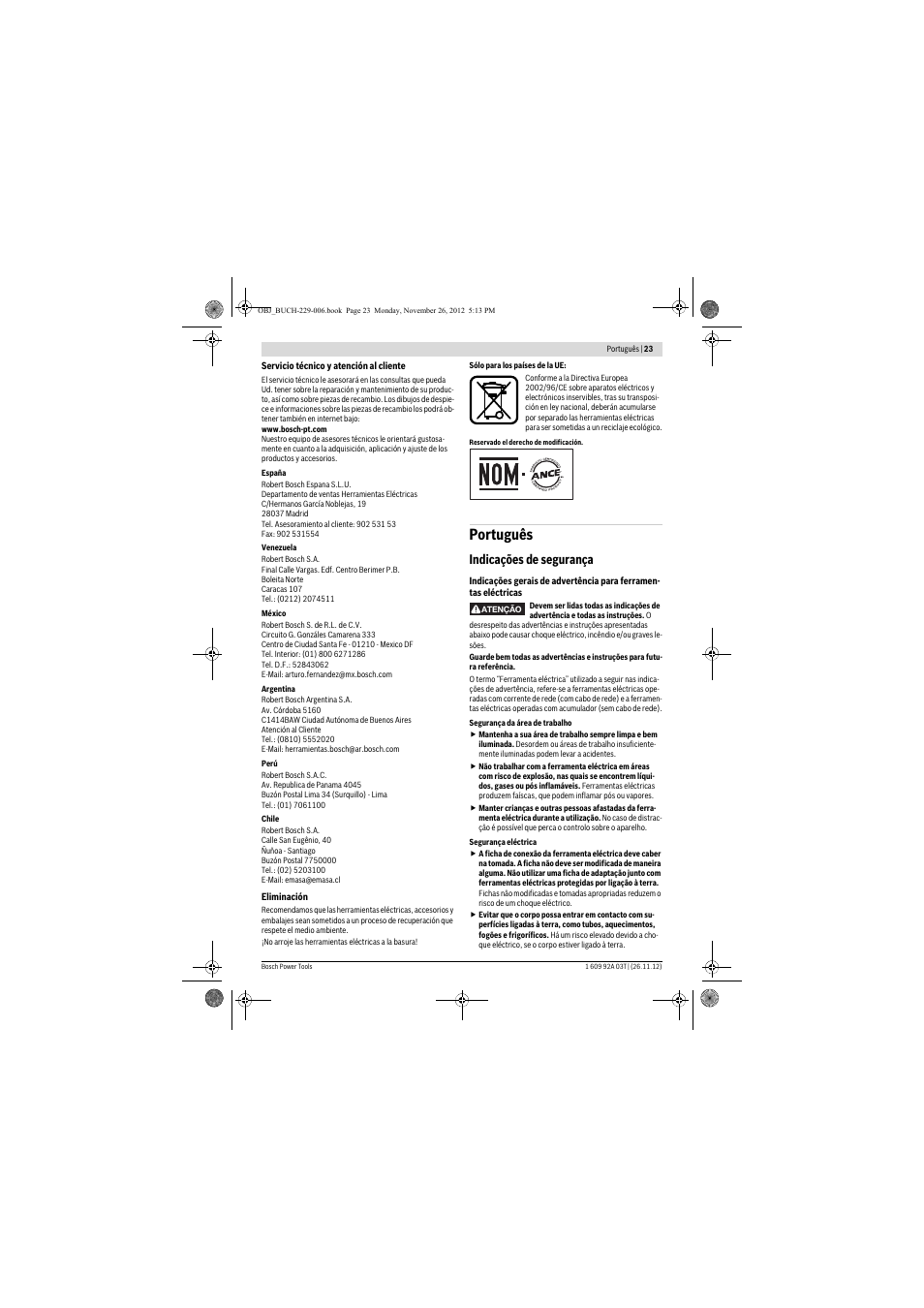 Português, Indicações de segurança | Bosch GSH Professional 16-28 User Manual | Page 23 / 130
