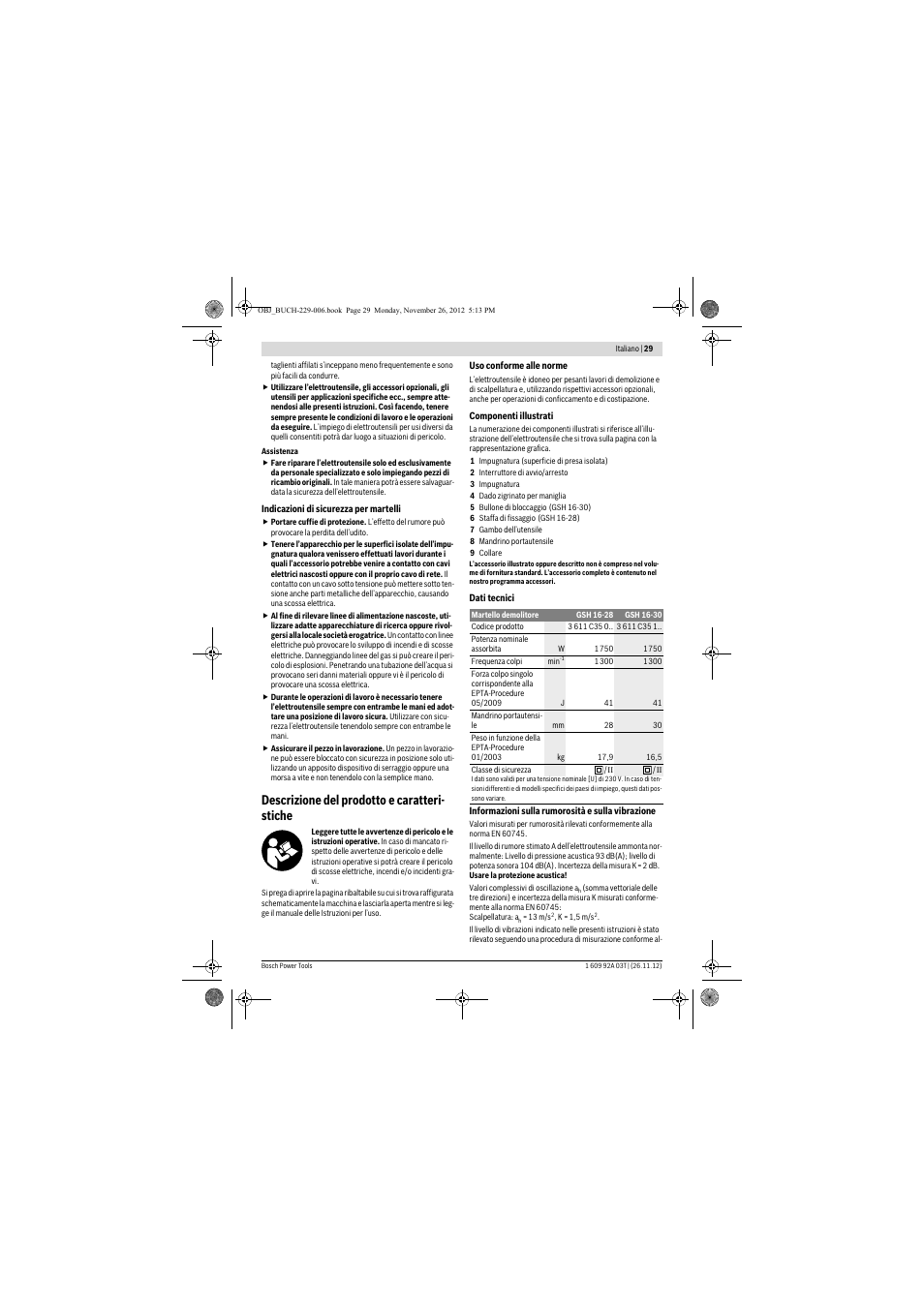 Descrizione del prodotto e caratteri- stiche | Bosch GSH Professional 16-28 User Manual | Page 29 / 130