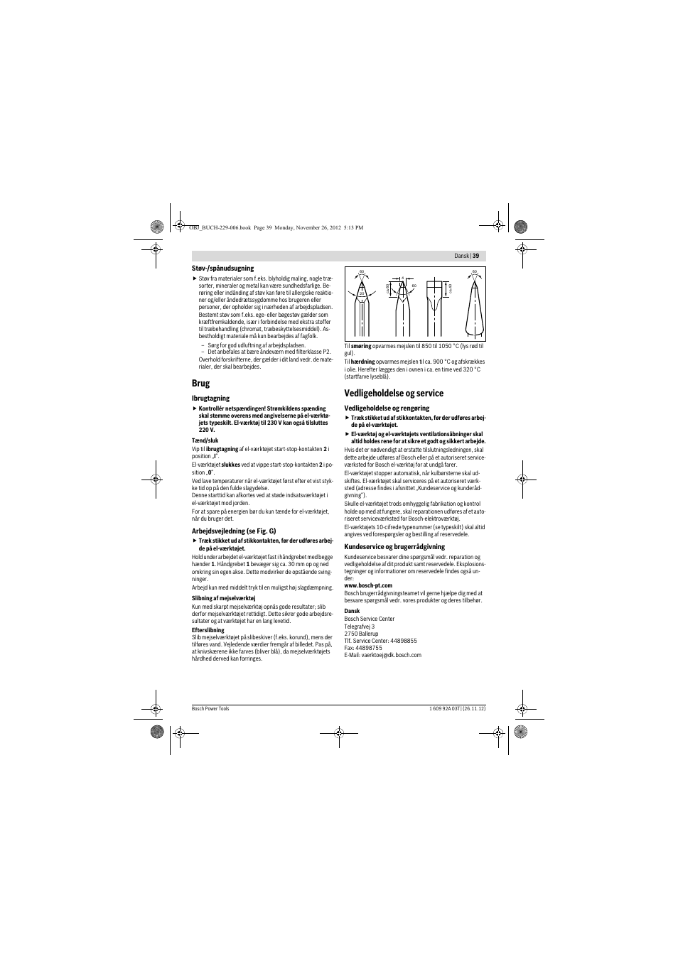 Brug, Vedligeholdelse og service | Bosch GSH Professional 16-28 User Manual | Page 39 / 130