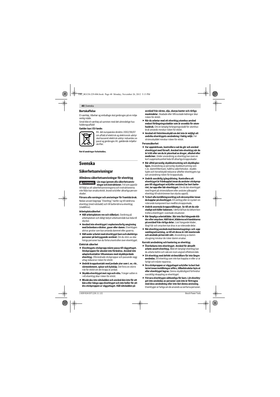 Svenska, Säkerhetsanvisningar | Bosch GSH Professional 16-28 User Manual | Page 40 / 130