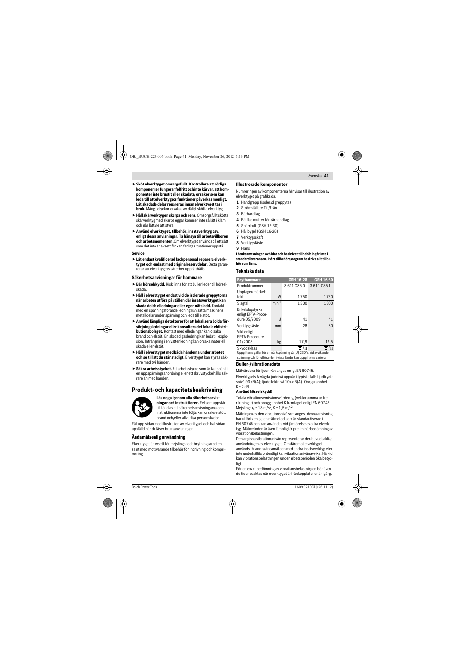 Produkt- och kapacitetsbeskrivning | Bosch GSH Professional 16-28 User Manual | Page 41 / 130