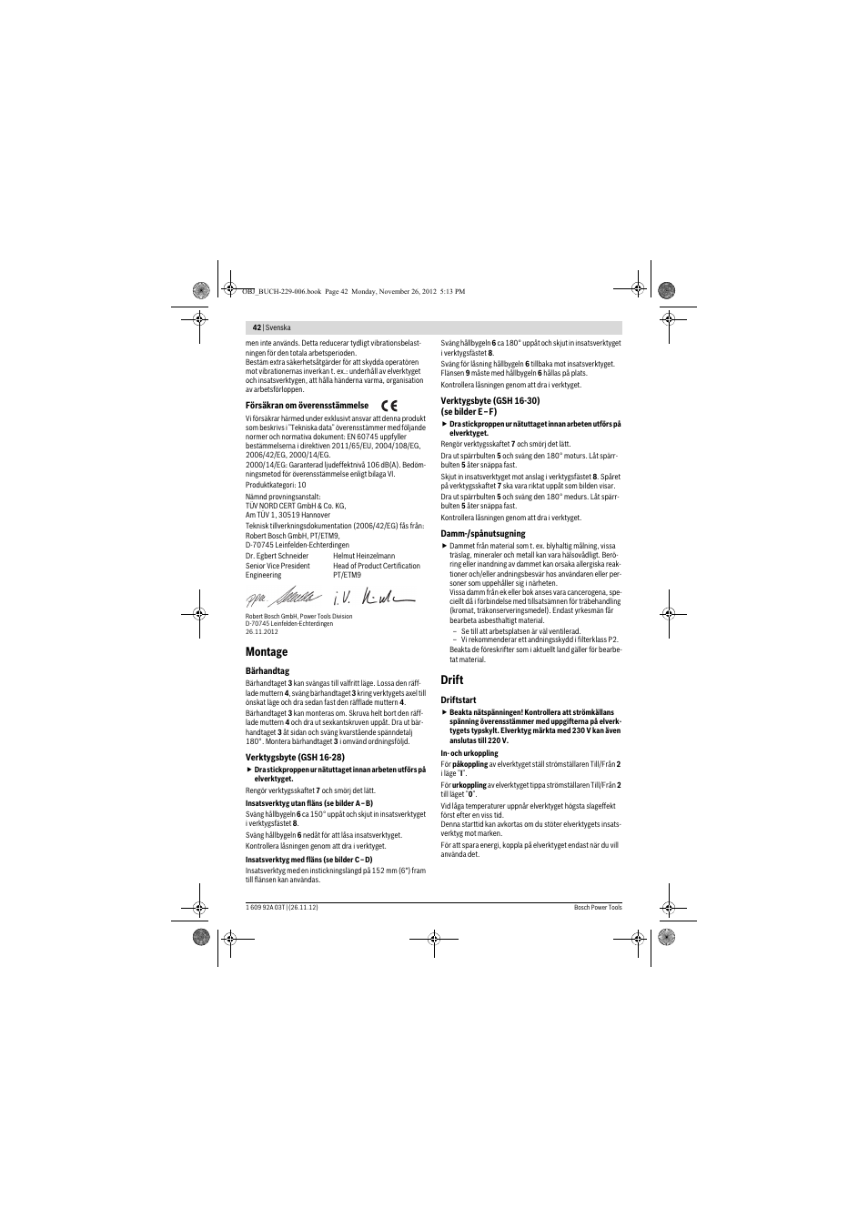 Montage, Drift | Bosch GSH Professional 16-28 User Manual | Page 42 / 130