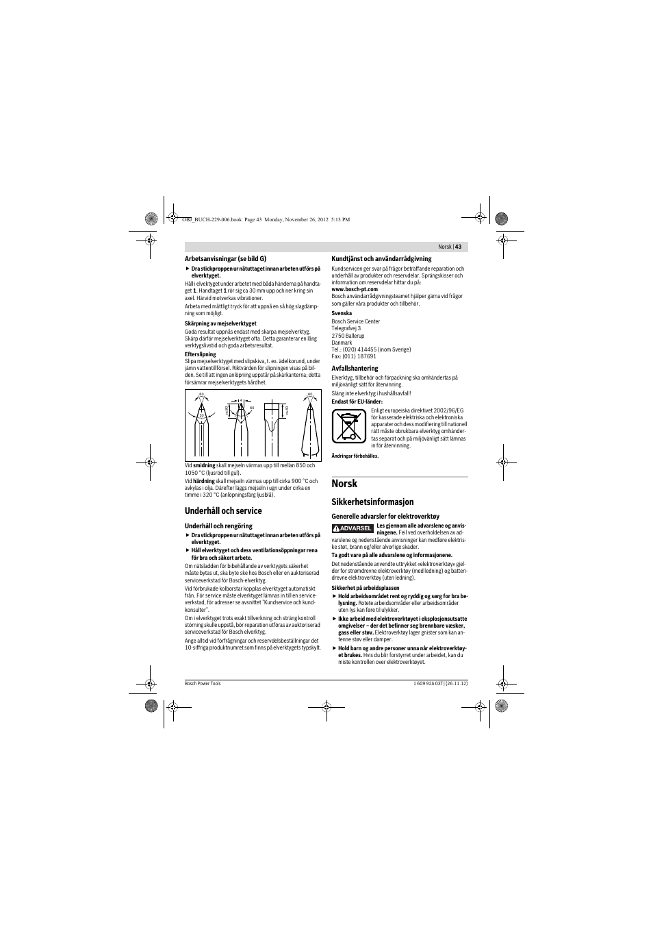 Norsk, Underhåll och service, Sikkerhetsinformasjon | Bosch GSH Professional 16-28 User Manual | Page 43 / 130