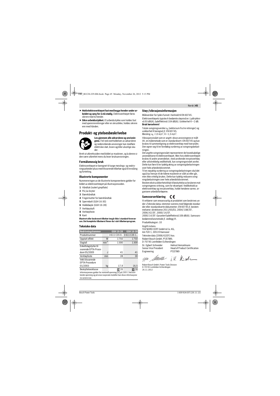 Produkt- og ytelsesbeskrivelse | Bosch GSH Professional 16-28 User Manual | Page 45 / 130