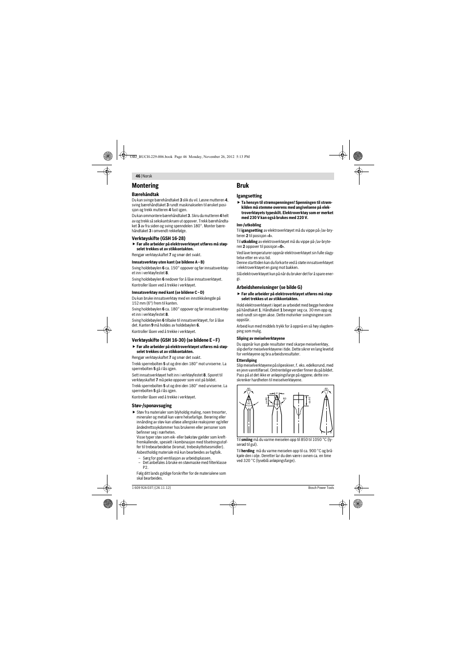 Montering, Bruk | Bosch GSH Professional 16-28 User Manual | Page 46 / 130